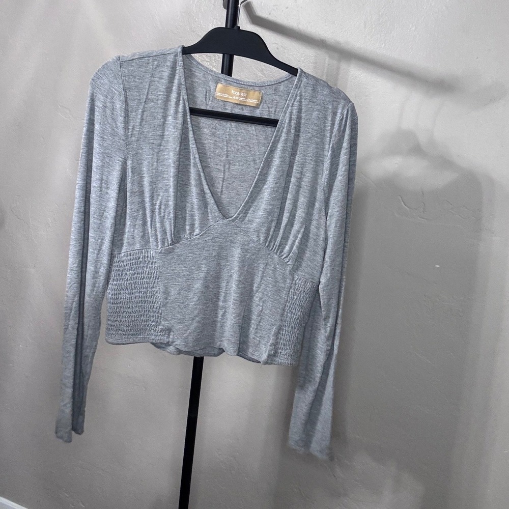 Free People Free-Est Gray 2PC Set V-Neck Crop Top Wide Leg Pants XL - LIKE NEW